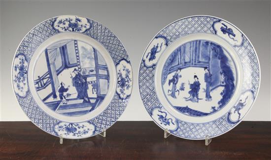 Two Chinese blue and white plates, Kangxi period, 26cm, rim nibbles and one plate cracked